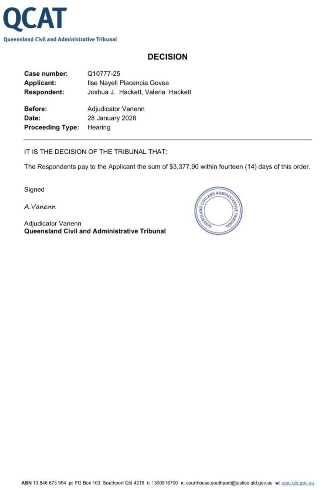 The QCAT decision paper for case Q10777-25, dated 28 January 2026, ordering Joshua J. Hackett and Valeria Hackett to pay Ilse $3,377.90