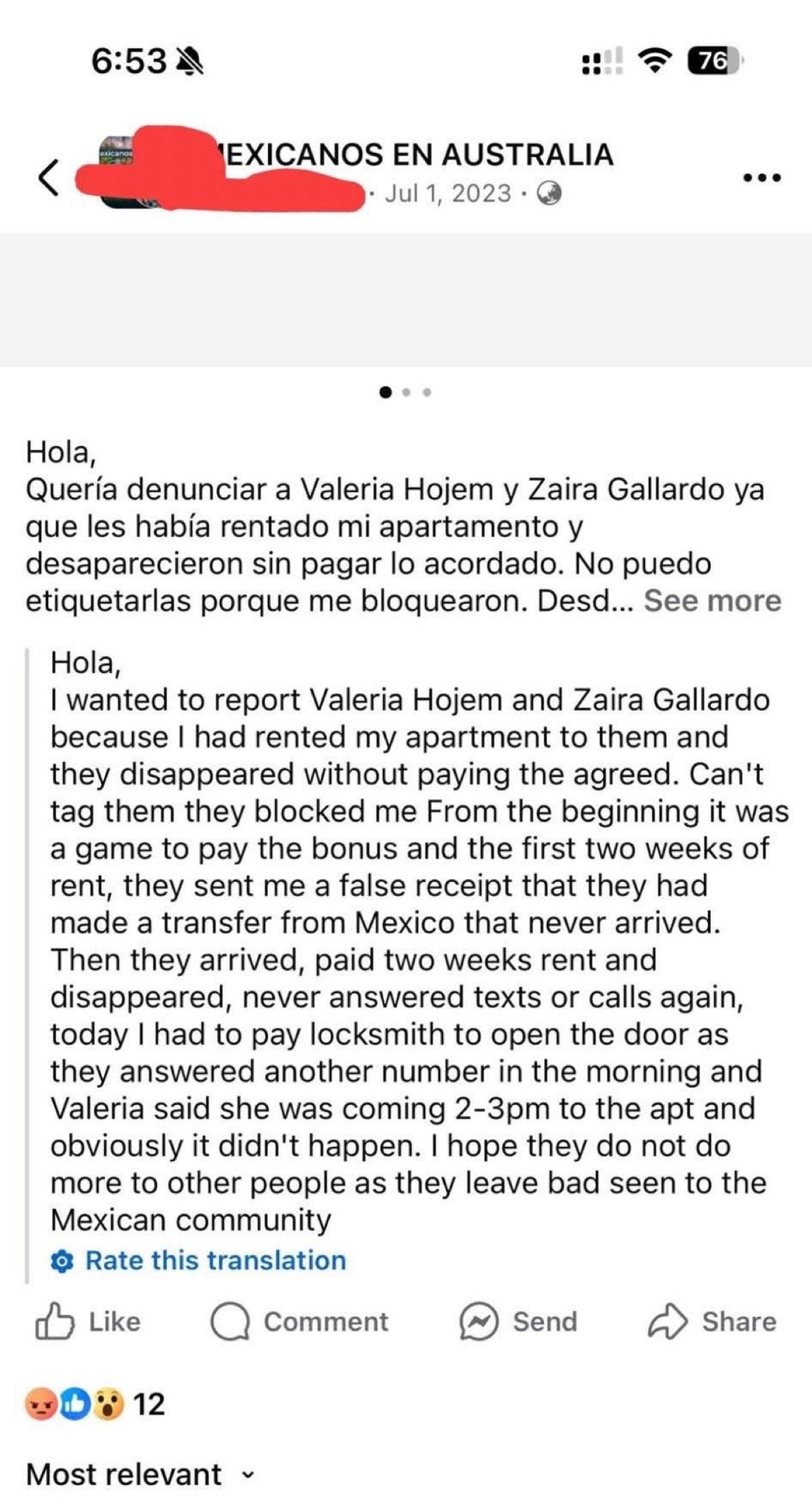 The original rental report, posted 1 July 2023. The writer's name is covered