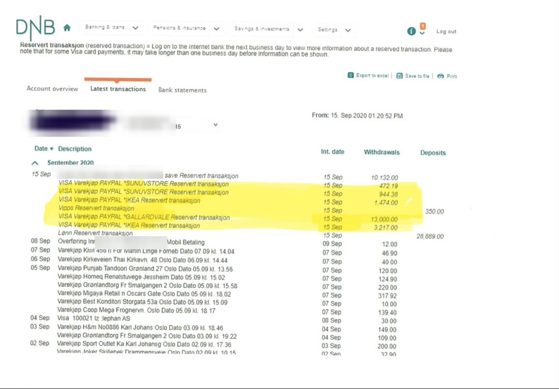 Her bank statement for 15 September 2020 showing the SUNUVSTORE, IKEA and 13,000 NOK PayPal transactions highlighted. Names are covered