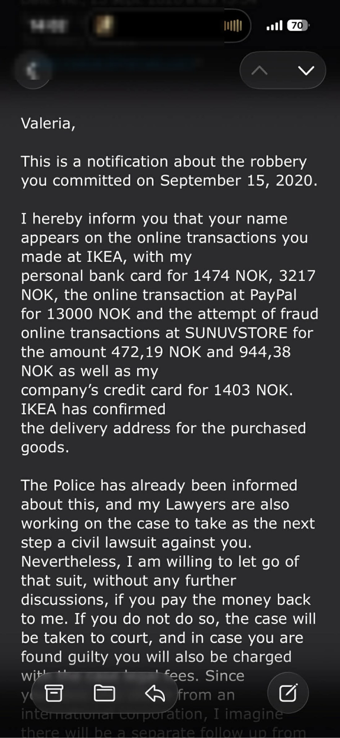 Her letter to Valeria listing the transactions of 15 September 2020 and the planned civil lawsuit. An email address at the top is covered